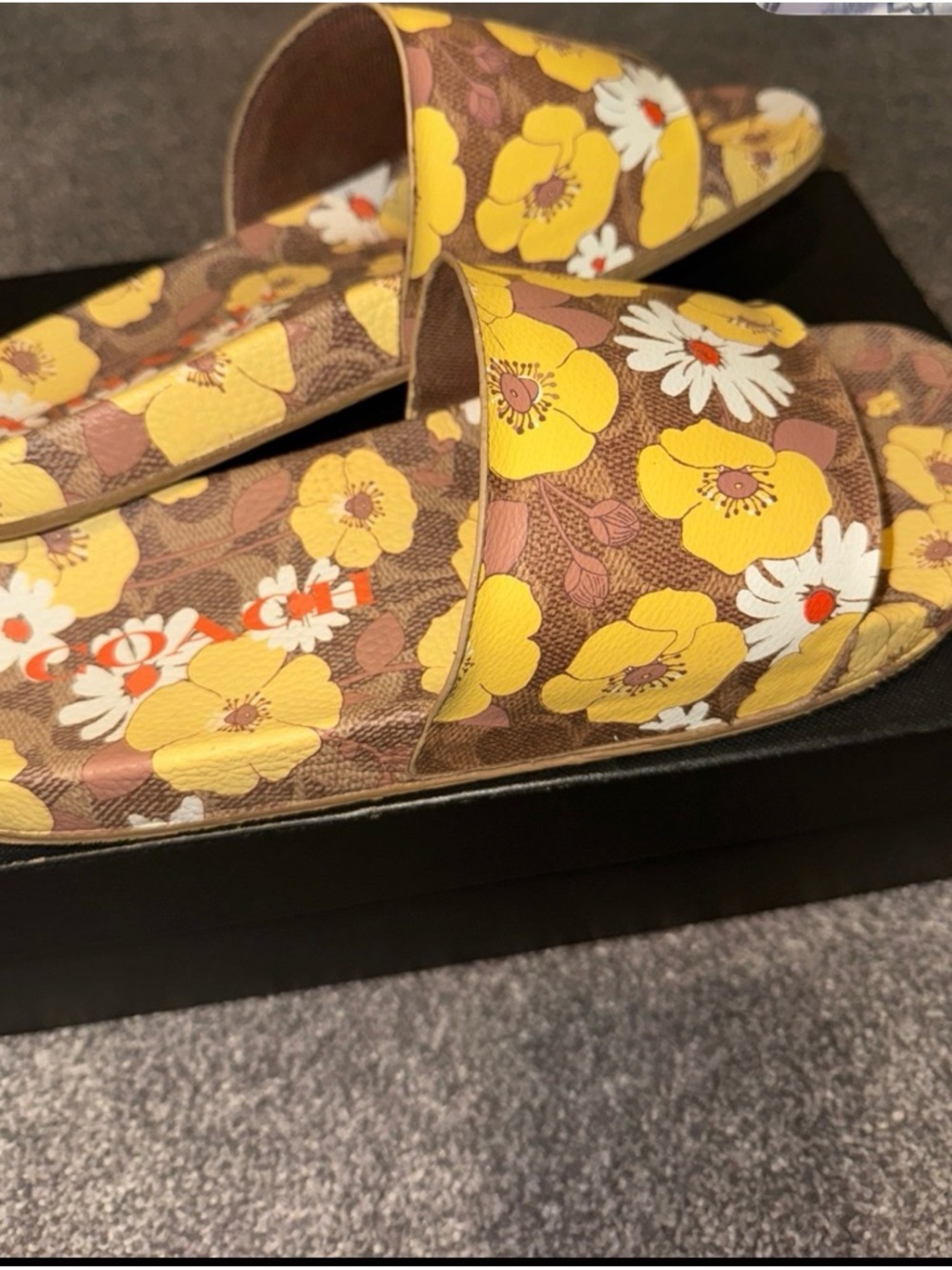 Coach Udele Floral Vanilla Slide Sandals in Brown, Yellow & White - Picture 5 of 5